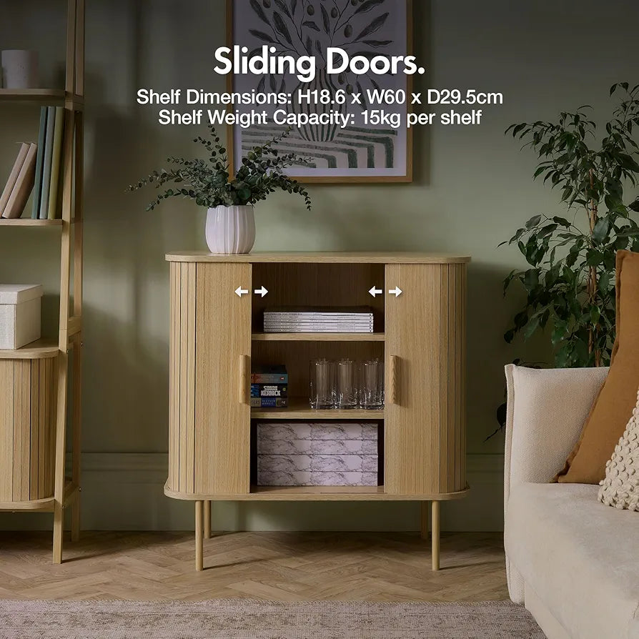 Sideboard for Living Room - Tambour Cabinet with Sliding Doors & 3 Shelves - Modern Scandi Look Living Room Storage Cupboard - Light Wood Effect Slatted Side Board for Hallway