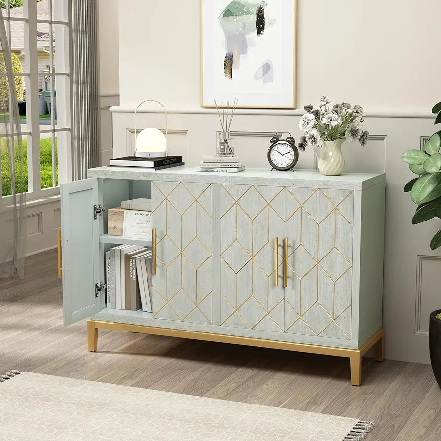 Wooden Kitchen Sideboard, Cabinet Storage Cupboard with 4 Doors, Modern Storage Cabinet with Gold Trim, Buffet Cabinet for Living Room, Kitchen, Dining Room, Hallway,Green