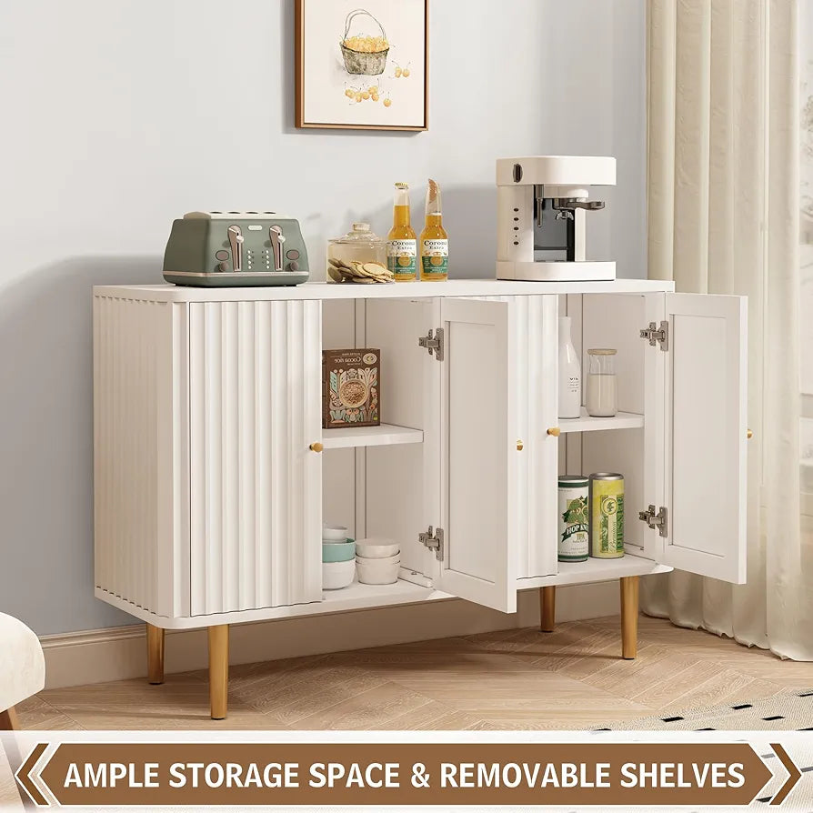 Cabinet with 4 Doors and Removable Shelves, Modern Accent Sideboard Storage Cabinet Storage Cupboard for Living Room, Kitchen, White