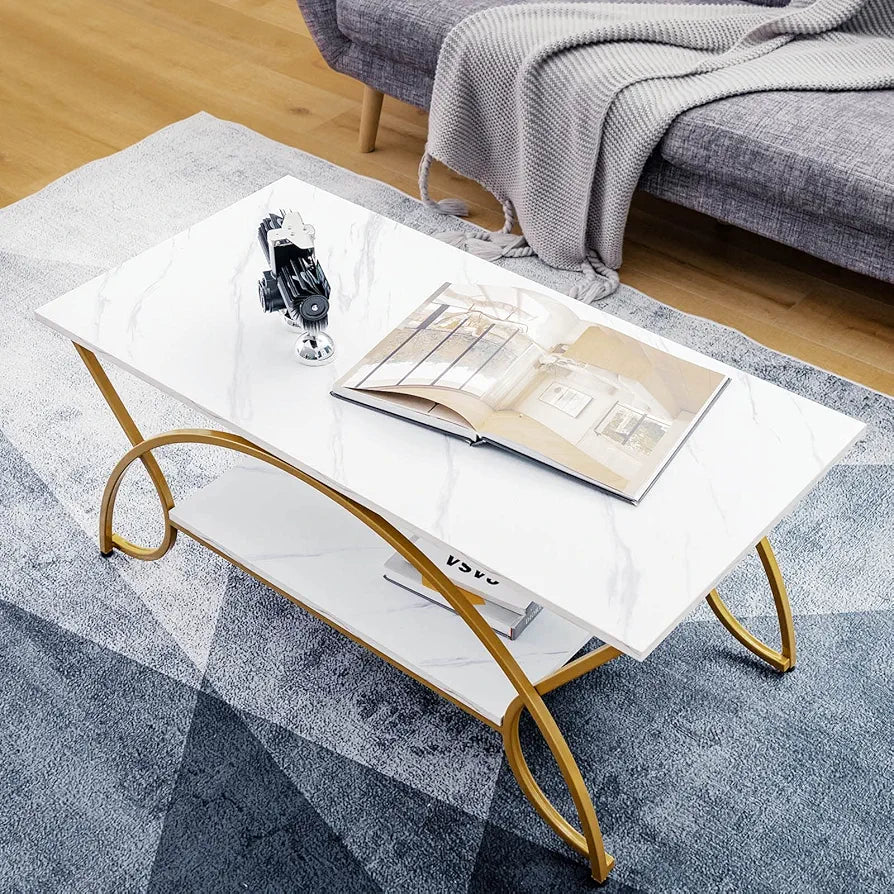 2-Tier Coffee Table, Marble Effect/Vintage Cocktail Center Table with Storage Shelf, Metal Frame Wooden Accent Sofa Side Tea Table for Living Room, Bedroom and Office (Golden & White)