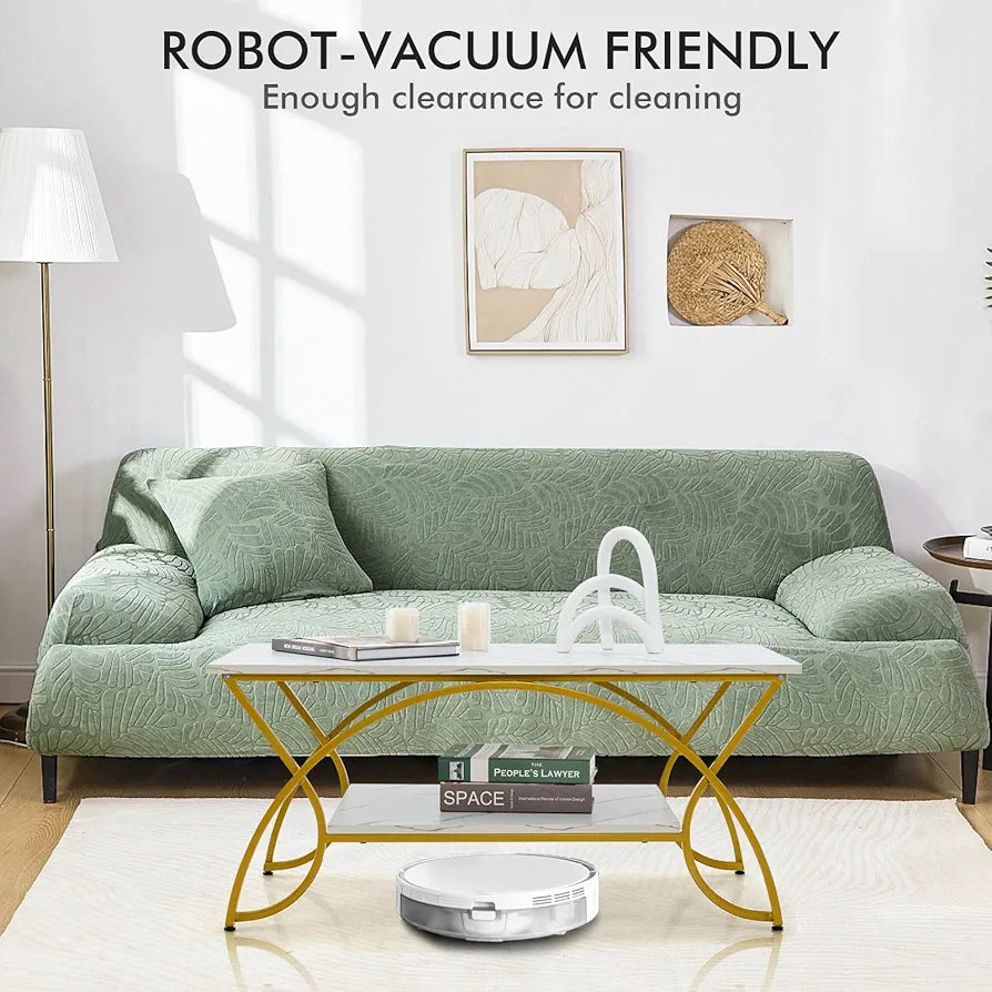 2-Tier Coffee Table, Marble Effect/Vintage Cocktail Center Table with Storage Shelf, Metal Frame Wooden Accent Sofa Side Tea Table for Living Room, Bedroom and Office (Golden & White)