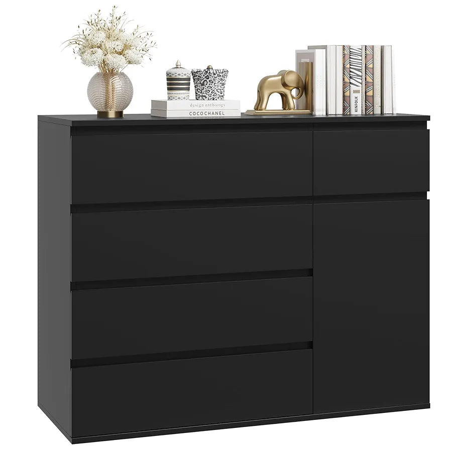 Bedroom Chest of Drawers Black Chest of Drawers with 5 Drawers 1 Door Large Storage Cabinet Dresser Wide Sideboard for Living Room Hallway 100x40x80cm