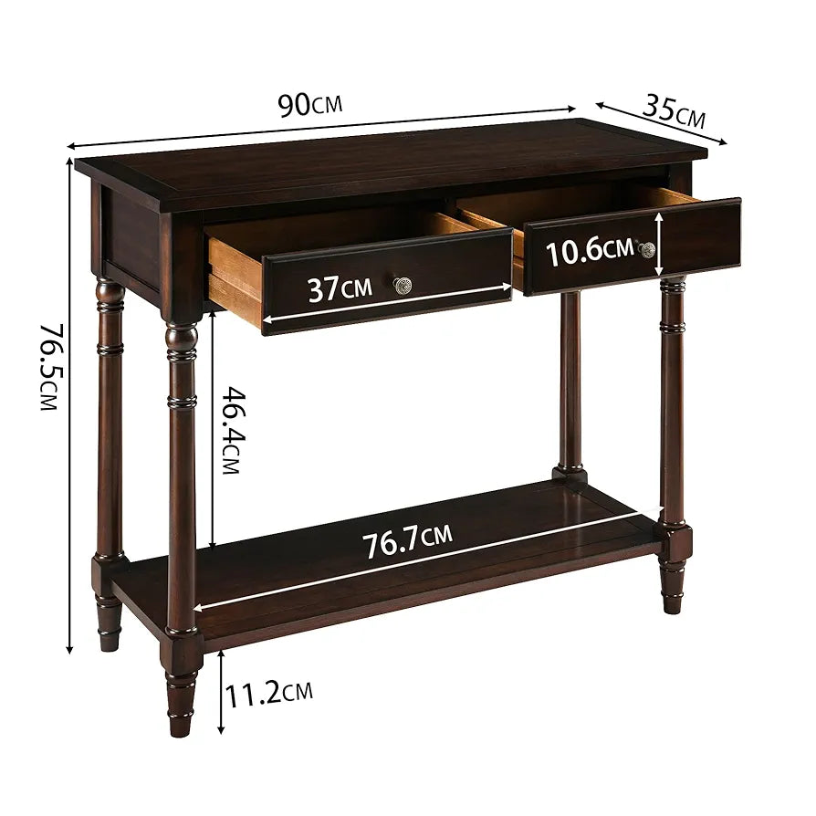Solid Wood Console Entry Table with 2 Drawers, Hallway Tables with Storage Shelf, Narrow Sofa Side Table- for Blank Wall, Small Space 90 x 35 x 76.5 cm