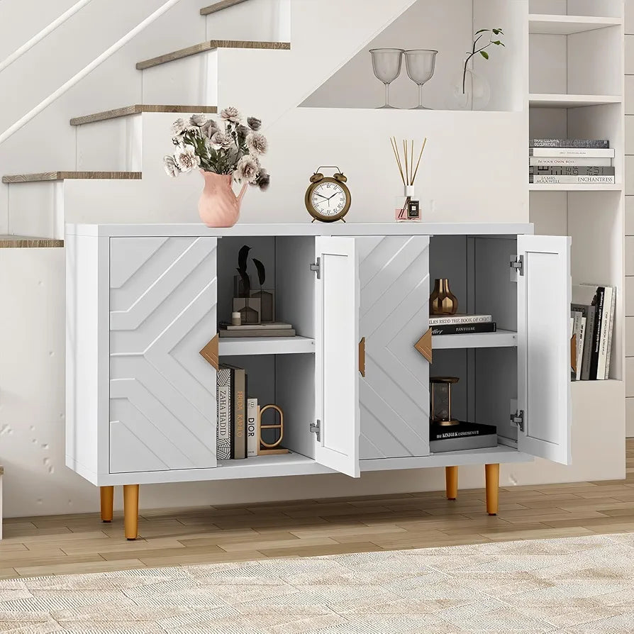 Sideboard with 4 Doors and Shelves, Buffet Table Storage Cabinet Morden Kitchen Cupboard for Kitchen, Living Room, Dining Room, Hallway,White
