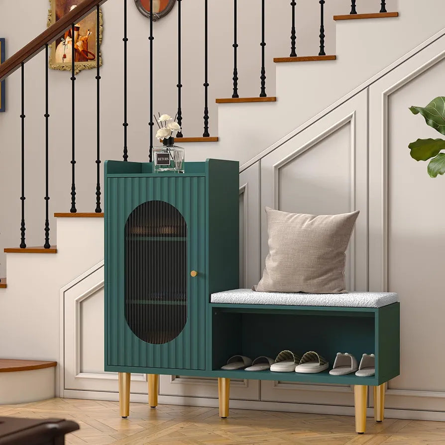 Storage Bench with Seat, Glass Door Storage Cabinet, Modern L-Shaped Shoe Rack Green Cabinet for Hallway, Entryway, Bedroom, Living Room
