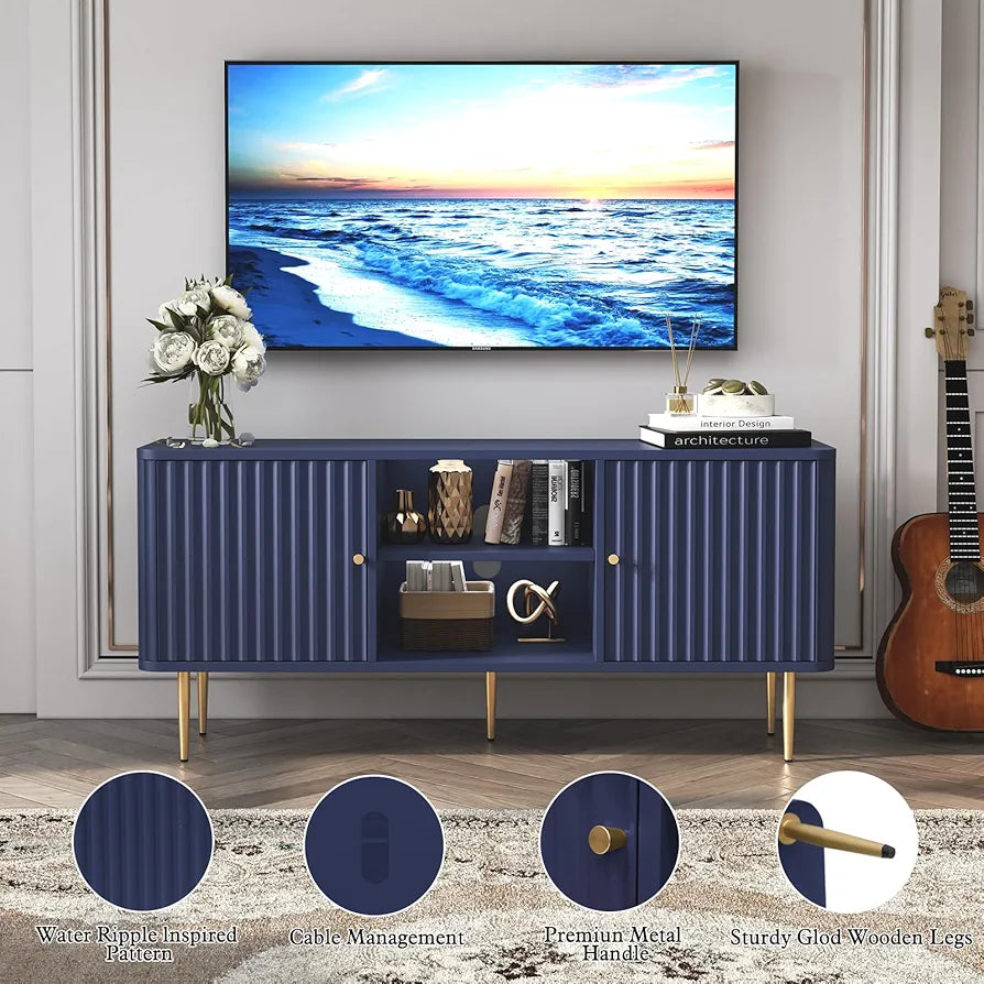 Cabinet 55 Inch, Fluted Modern Wooden TV Console Unit with Storage and 2 Doors, Blue Cabinets for 55/60/65 Inch Television, TV Tables for Living Room, Bedroom