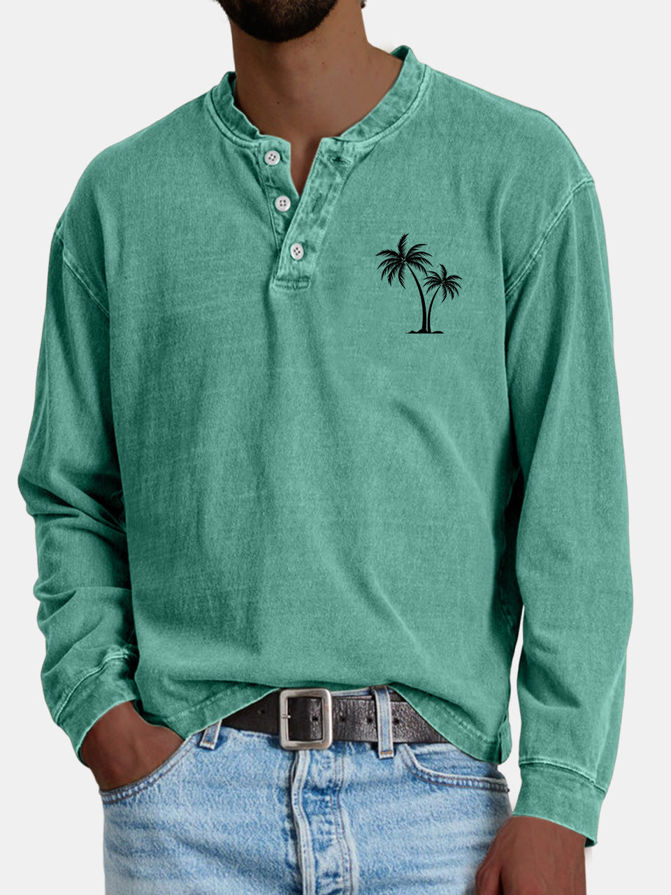 Digital Printing Two-color Henley Shirt 7-button Men's Casual Long Sleeve