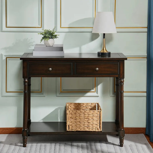 Solid Wood Console Entry Table with 2 Drawers, Hallway Tables with Storage Shelf, Narrow Sofa Side Table- for Blank Wall, Small Space 90 x 35 x 76.5 cm