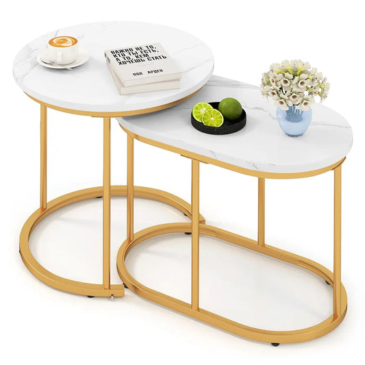 Nesting Coffee Tables Set of 2, Marble Effect Stackable Sofa Side Table, Metal Frame Accent Snack Tea End Table for Living Room, Bedroom and Balcony (Marble+Golden, 50cm Round+60cm Oval)