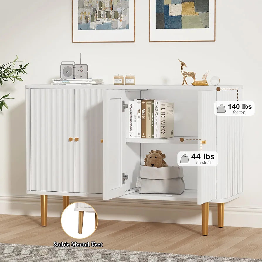 Cabinet with 4 Doors and Removable Shelves, Modern Accent Sideboard Storage Cabinet Storage Cupboard for Living Room, Kitchen, White