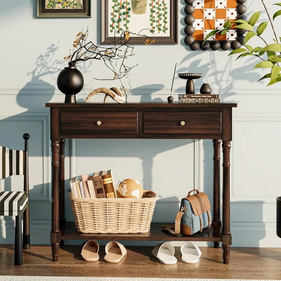 Solid Wood Console Entry Table with 2 Drawers, Hallway Tables with Storage Shelf, Narrow Sofa Side Table- for Blank Wall, Small Space 90 x 35 x 76.5 cm