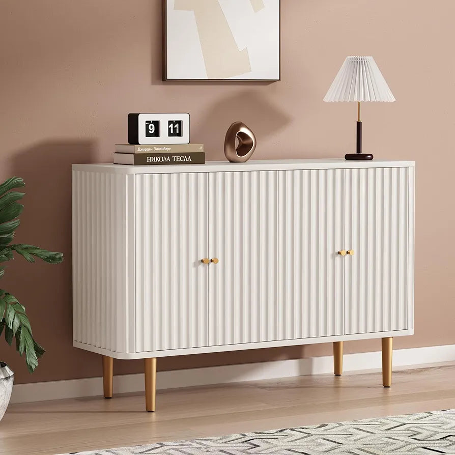 Cabinet with 4 Doors and Removable Shelves, Modern Accent Sideboard Storage Cabinet Storage Cupboard for Living Room, Kitchen, White