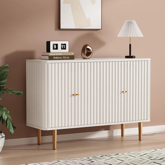 Cabinet with 4 Doors and Removable Shelves, Modern Accent Sideboard Storage Cabinet Storage Cupboard for Living Room, Kitchen, White