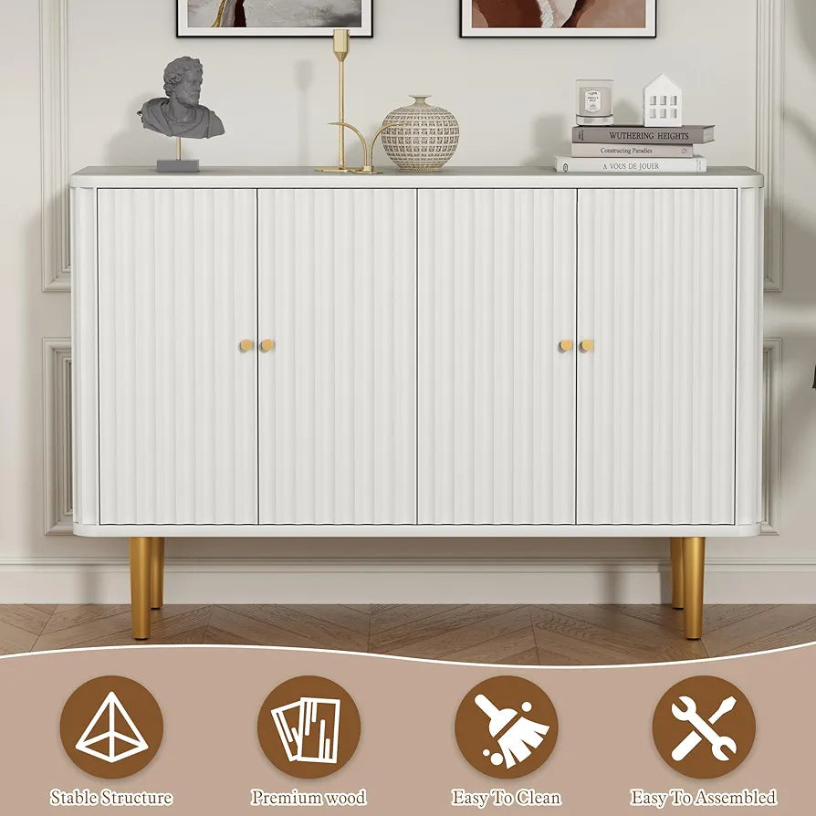 Cabinet with 4 Doors and Removable Shelves, Modern Accent Sideboard Storage Cabinet Storage Cupboard for Living Room, Kitchen, White