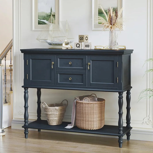 Console Table with Drawers and Storage Cabinets, Blue Entryway Table Wooden Narrow Console & Sofa Tables for Hallway, Living Room, Bedroom