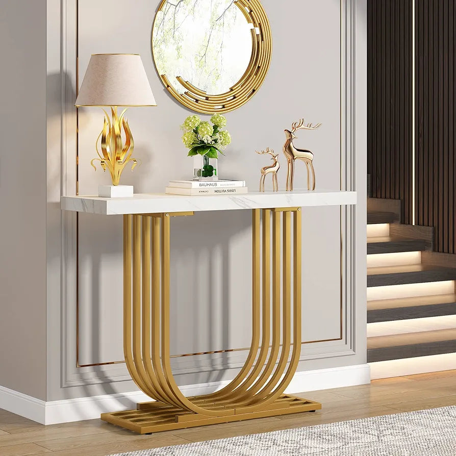 Console Table with Gold Base, 39.4 Inch Faux Marble Entryway Foyer Table, Narrow Modern Hallway Table with Geometric Metal Legs for Living Room, Hallway, Entrance, White & Gold
