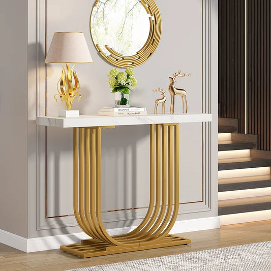 Console Table with Gold Base, 39.4 Inch Faux Marble Entryway Foyer Table, Narrow Modern Hallway Table with Geometric Metal Legs for Living Room, Hallway, Entrance, White & Gold