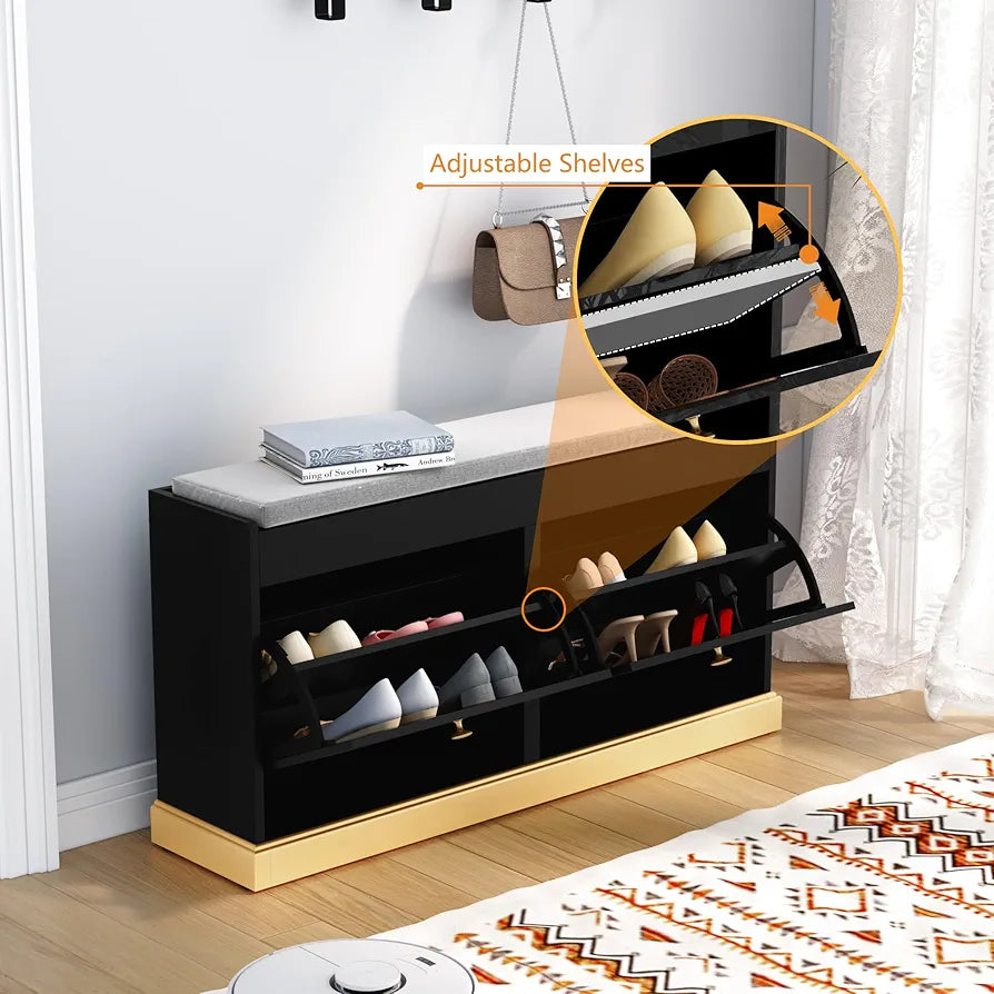 Storage with Seat, Black Shoe Cabinet Cupboard with Cushion & Flip-Drawer, Shoes Storage Cabinet for Hallway, Entryway