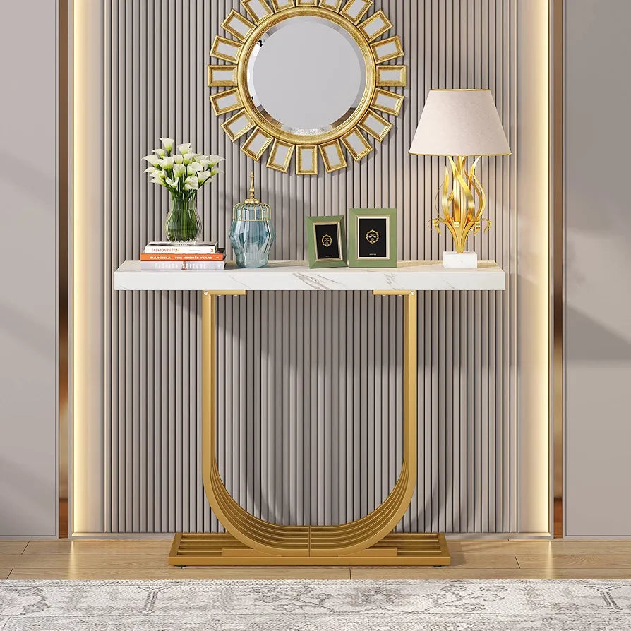 Console Table with Gold Base, 39.4 Inch Faux Marble Entryway Foyer Table, Narrow Modern Hallway Table with Geometric Metal Legs for Living Room, Hallway, Entrance, White & Gold