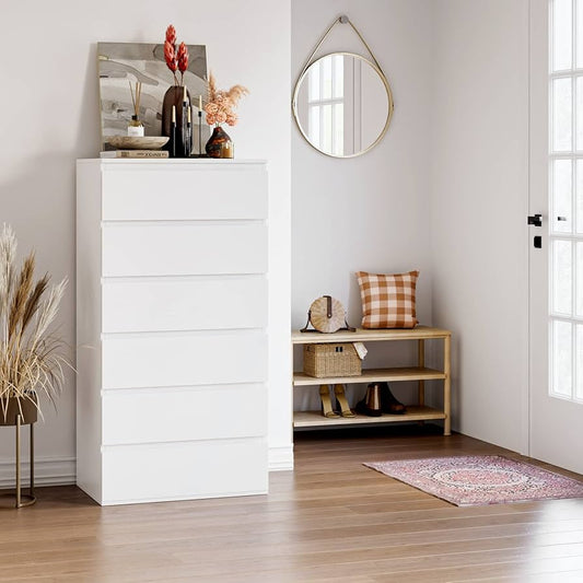 Chest of Drawers with 6 Drawers 119cm Tall Storage Cabinet White Chest of Drawers Dresser Wooden Cupboard for Bedroom Living Room 60x40x119cm