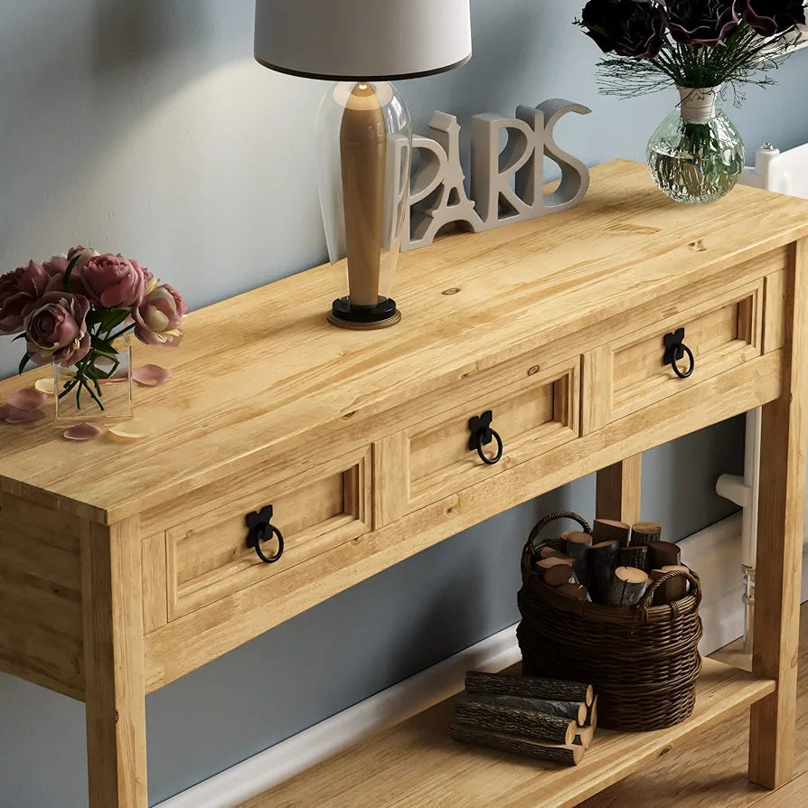 Rectangular Corona Console Table, 3 Drawer With Shelf for Extra Storage, Solid Pine Wood, Dimensions (LWH) 124 x 35 x 73 cm