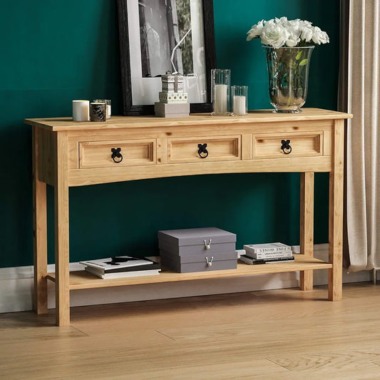 Rectangular Corona Console Table, 3 Drawer With Shelf for Extra Storage, Solid Pine Wood, Dimensions (LWH) 124 x 35 x 73 cm