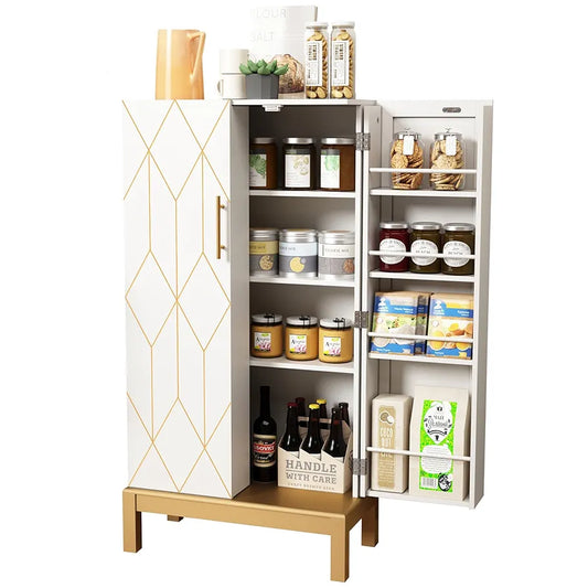 Pantry Cupboard, Freestanding Cabinet With Doors & Adjustable Shelves - White & Gold, For Kitchen, Bathroom, Living Room