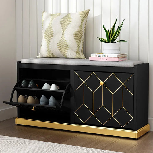 Storage with Seat, Black Shoe Cabinet Cupboard with Cushion & Flip-Drawer, Shoes Storage Cabinet for Hallway, Entryway