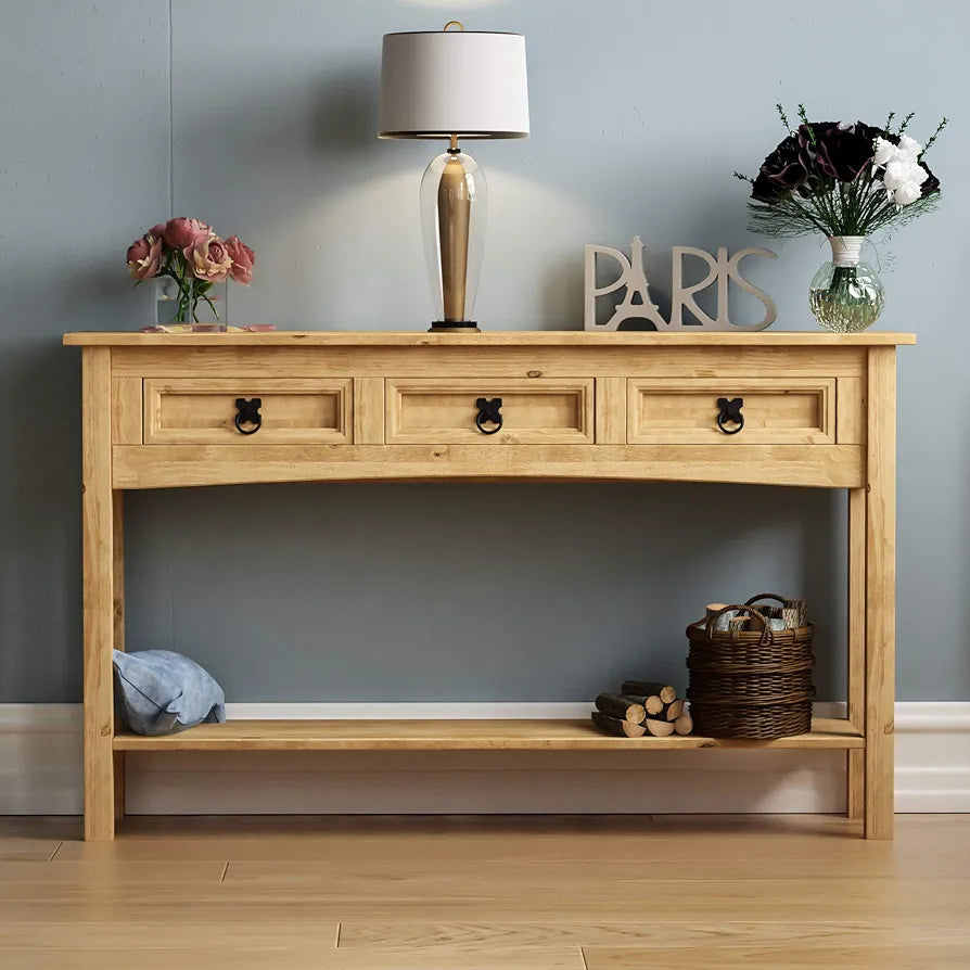 Rectangular Corona Console Table, 3 Drawer With Shelf for Extra Storage, Solid Pine Wood, Dimensions (LWH) 124 x 35 x 73 cm