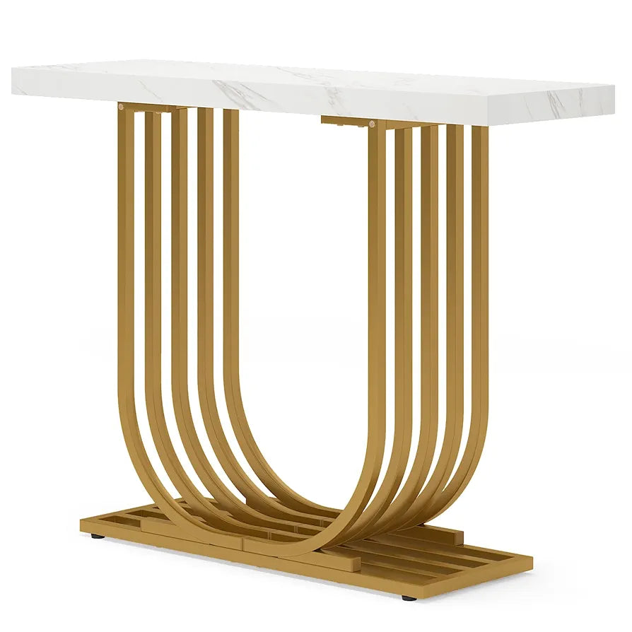 Console Table with Gold Base, 39.4 Inch Faux Marble Entryway Foyer Table, Narrow Modern Hallway Table with Geometric Metal Legs for Living Room, Hallway, Entrance, White & Gold
