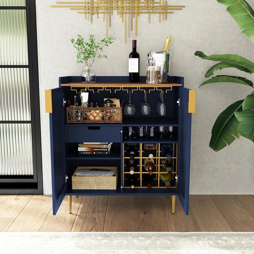 Drinks Cabinet, Wine Cabinet for 9 Bottles Bar Cabinet with Glass Holders Freestanding Wine Rack Sideboard Bar Table Buffet for Living & Dining Room