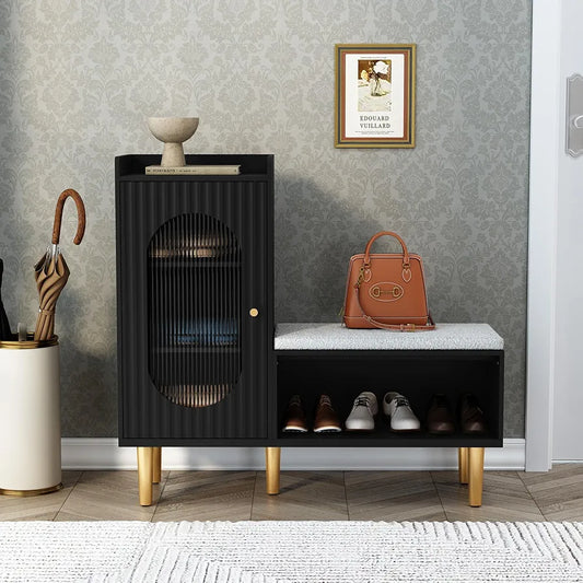 Storage Bench with Seat, Glass Door Storage Cabinet, Modern L-Shaped Shoe Rack Green Cabinet for Hallway, Entryway, Bedroom, Living Room
