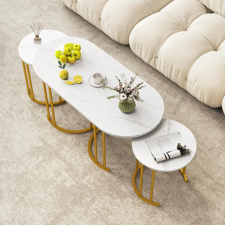 Nesting Coffee Tables Set of 3, Faux Marble Stacking End Sofa Side Table with Storage, Modern Metal Frame Tea Accent Cocktail Center Tables for Living Room Bedroom Office, White+Gold