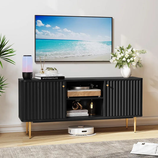 Cabinet 55 Inch, Fluted Modern Wooden TV Console Unit with Storage and 2 Doors, Blue Cabinets for 55/60/65 Inch Television, TV Tables for Living Room, Bedroom