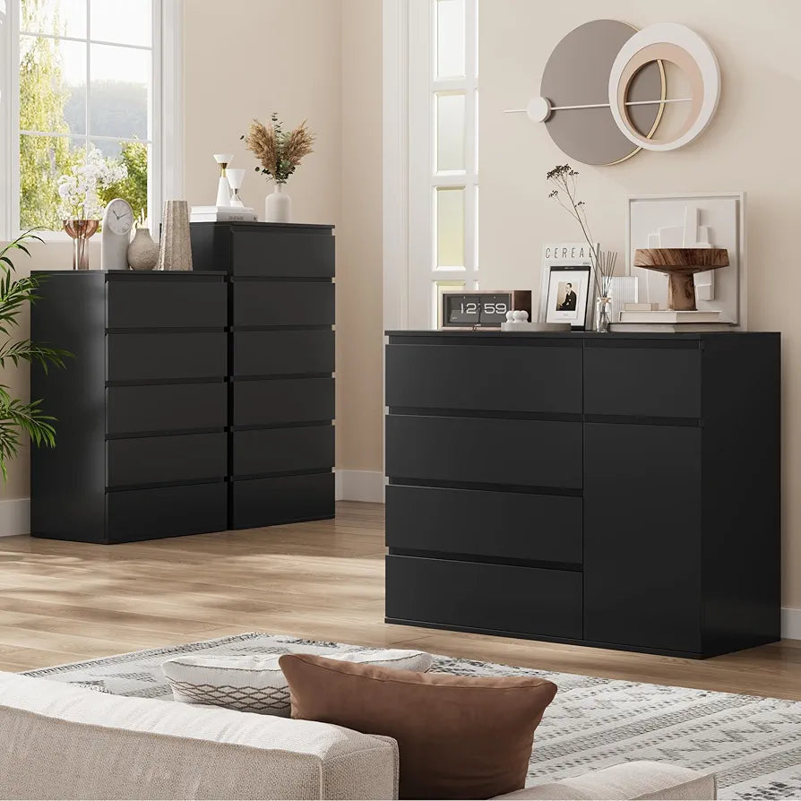 Bedroom Chest of Drawers Black Chest of Drawers with 5 Drawers 1 Door Large Storage Cabinet Dresser Wide Sideboard for Living Room Hallway 100x40x80cm