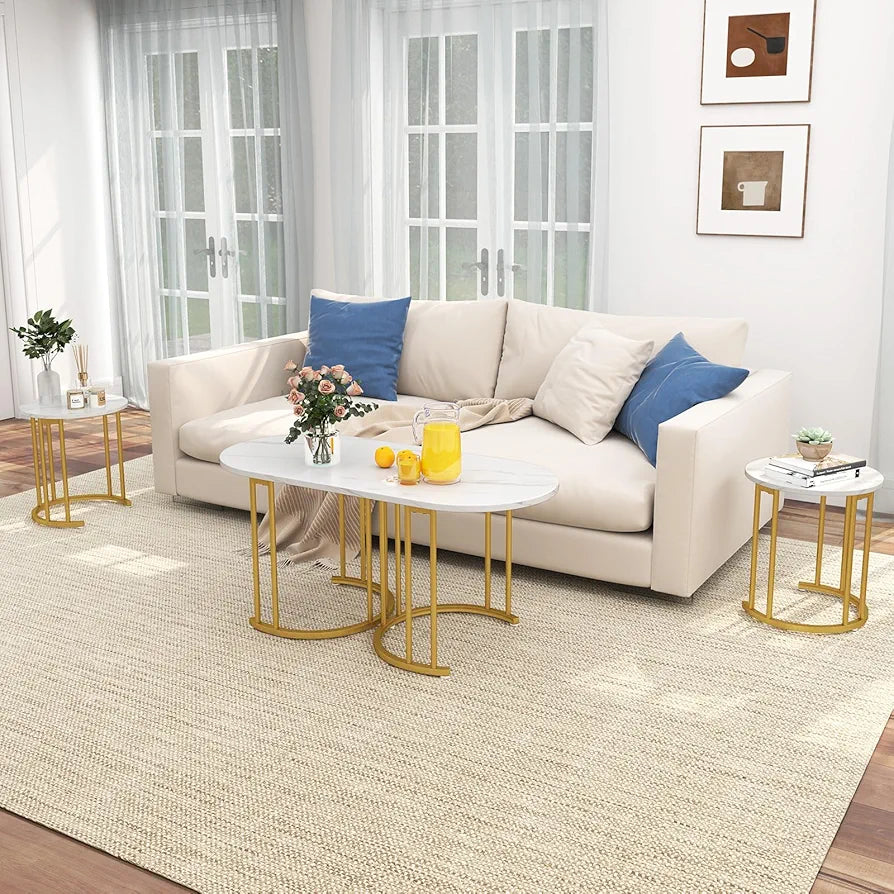Nesting Coffee Tables Set of 3, Faux Marble Stacking End Sofa Side Table with Storage, Modern Metal Frame Tea Accent Cocktail Center Tables for Living Room Bedroom Office, White+Gold