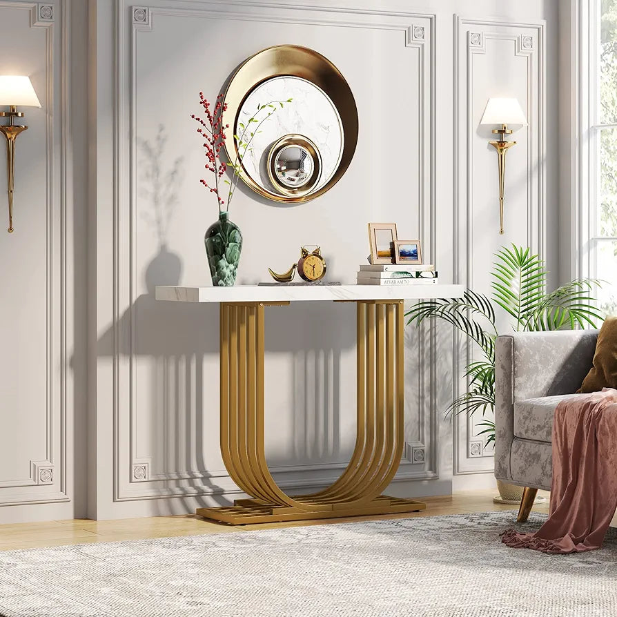 Console Table with Gold Base, 39.4 Inch Faux Marble Entryway Foyer Table, Narrow Modern Hallway Table with Geometric Metal Legs for Living Room, Hallway, Entrance, White & Gold