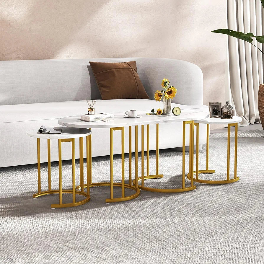 Nesting Coffee Tables Set of 3, Faux Marble Stacking End Sofa Side Table with Storage, Modern Metal Frame Tea Accent Cocktail Center Tables for Living Room Bedroom Office, White+Gold