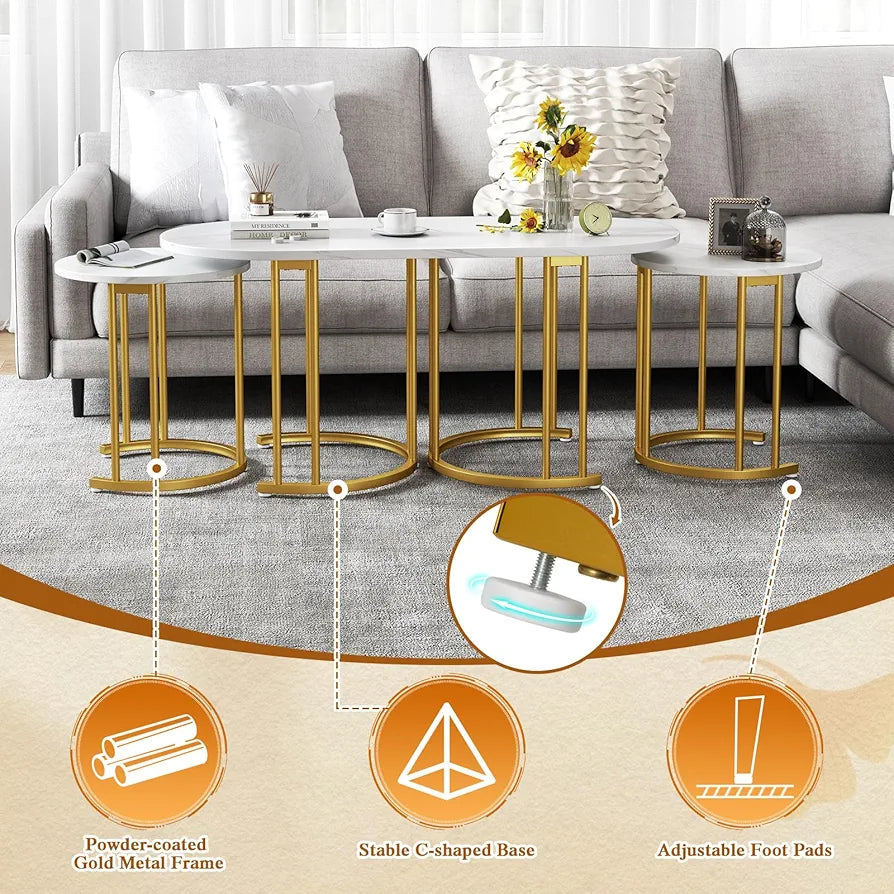 Nesting Coffee Tables Set of 3, Faux Marble Stacking End Sofa Side Table with Storage, Modern Metal Frame Tea Accent Cocktail Center Tables for Living Room Bedroom Office, White+Gold