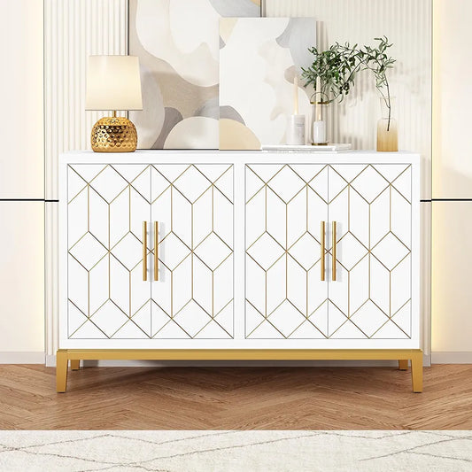 Wooden Kitchen Sideboard, Cabinet Storage Cupboard with 4 Doors, Modern Storage Cabinet with Gold Trim, Buffet Cabinet for Living Room, Kitchen, Dining Room, Hallway,White