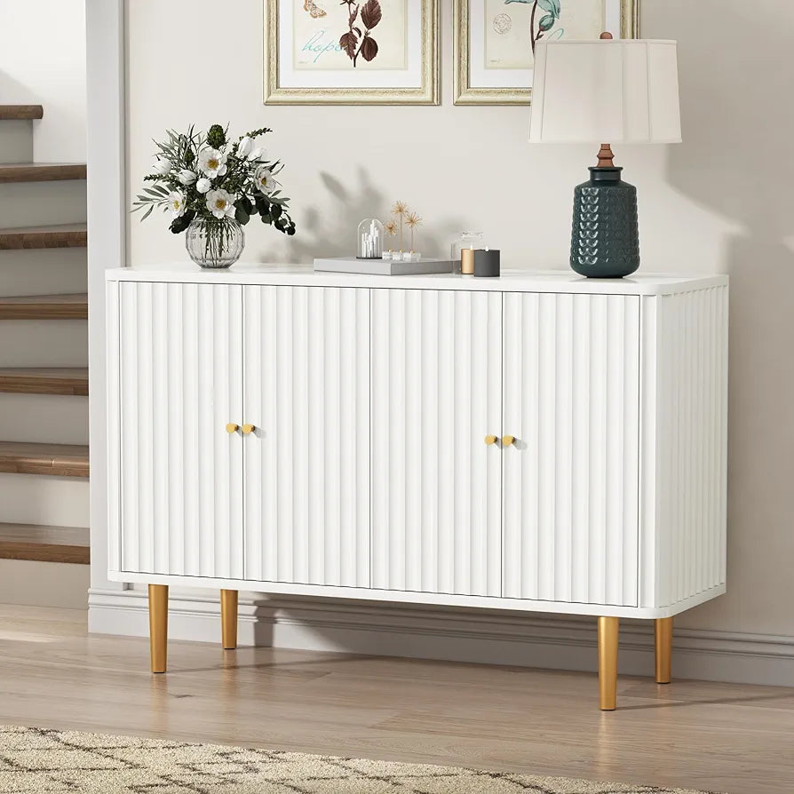 Cabinet with 4 Doors and Removable Shelves, Modern Accent Sideboard Storage Cabinet Storage Cupboard for Living Room, Kitchen, White