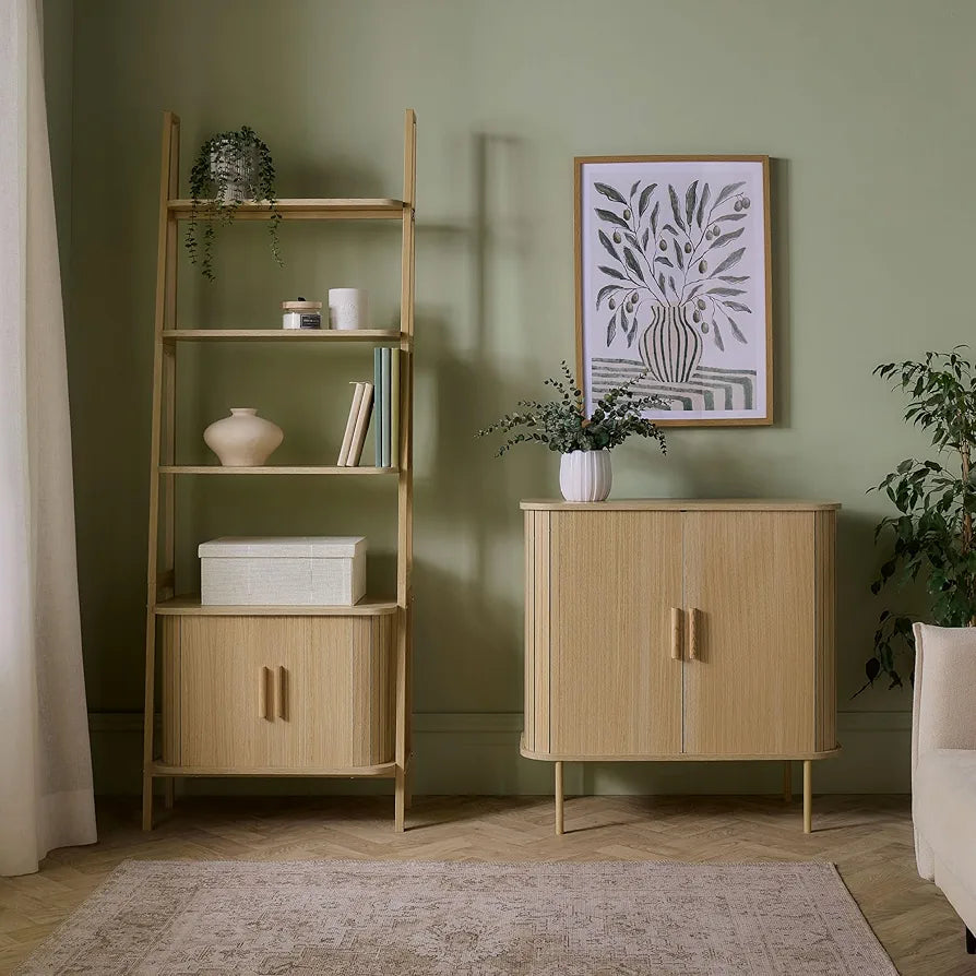 Sideboard for Living Room - Tambour Cabinet with Sliding Doors & 3 Shelves - Modern Scandi Look Living Room Storage Cupboard - Light Wood Effect Slatted Side Board for Hallway