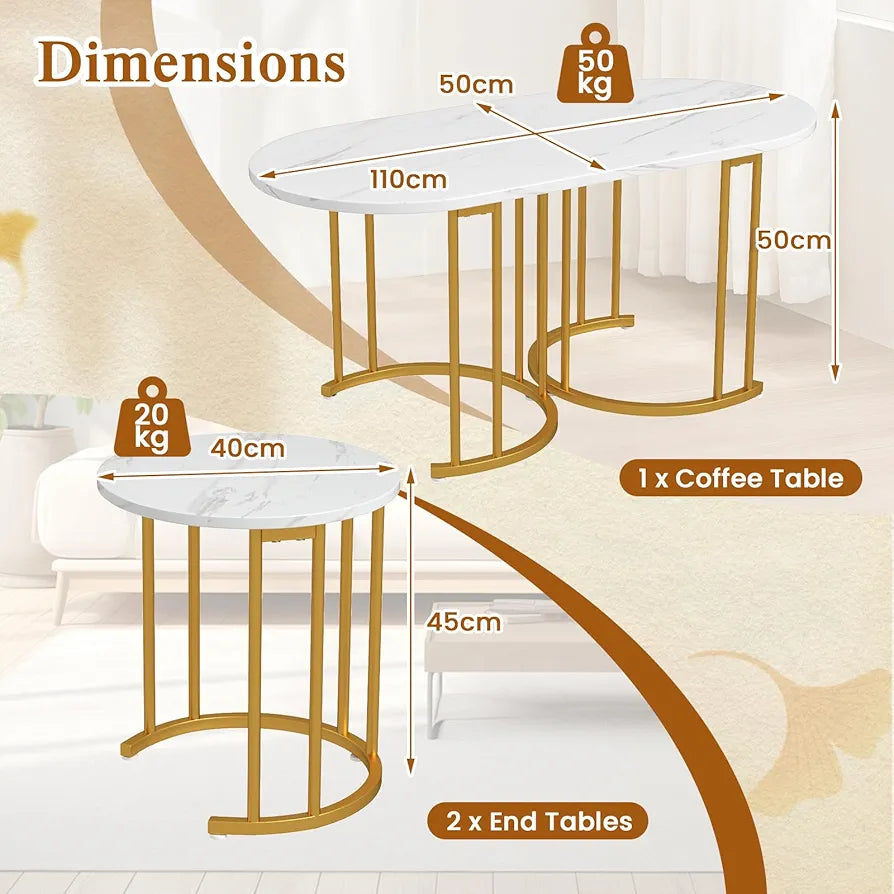 Nesting Coffee Tables Set of 3, Faux Marble Stacking End Sofa Side Table with Storage, Modern Metal Frame Tea Accent Cocktail Center Tables for Living Room Bedroom Office, White+Gold