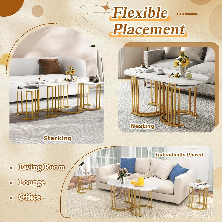Nesting Coffee Tables Set of 3, Faux Marble Stacking End Sofa Side Table with Storage, Modern Metal Frame Tea Accent Cocktail Center Tables for Living Room Bedroom Office, White+Gold