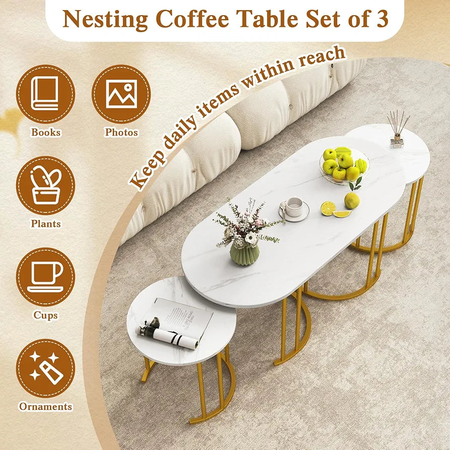 Nesting Coffee Tables Set of 3, Faux Marble Stacking End Sofa Side Table with Storage, Modern Metal Frame Tea Accent Cocktail Center Tables for Living Room Bedroom Office, White+Gold
