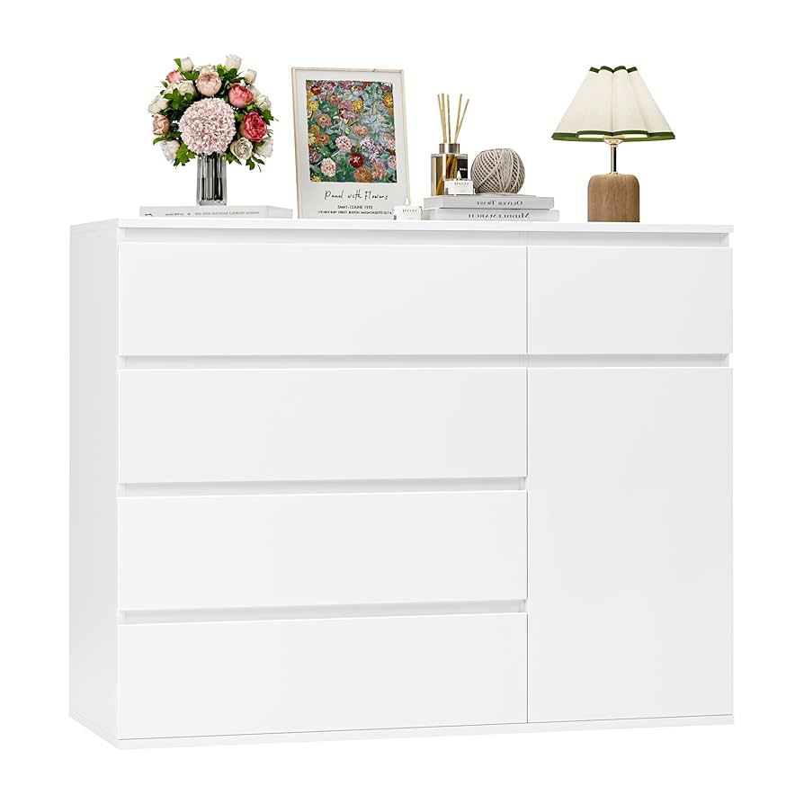 Bedroom Chest of Drawers Black Chest of Drawers with 5 Drawers 1 Door Large Storage Cabinet Dresser Wide Sideboard for Living Room Hallway 100x40x80cm