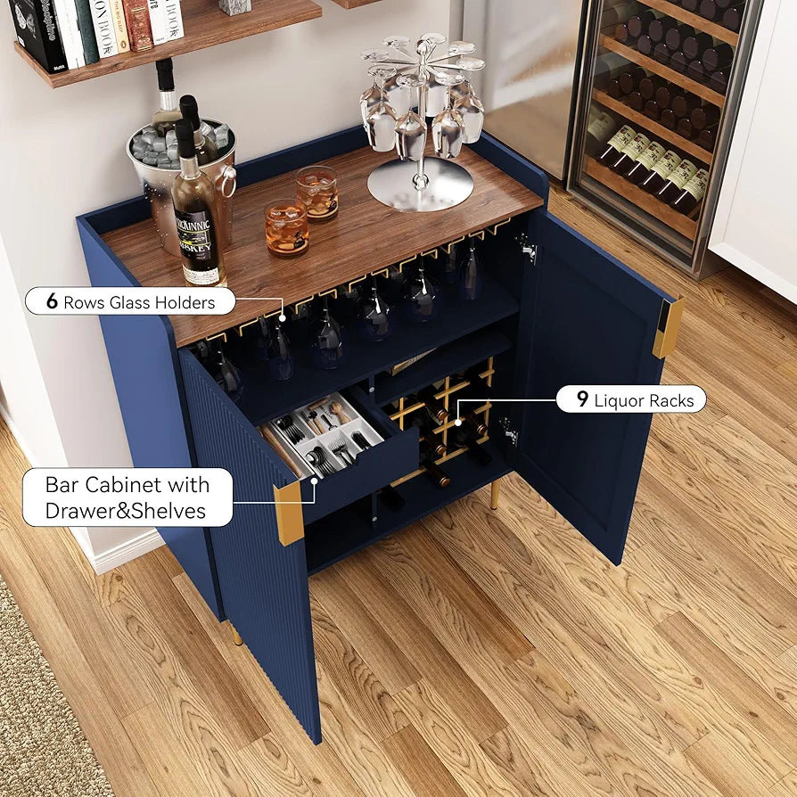 Drinks Cabinet, Wine Cabinet for 9 Bottles Bar Cabinet with Glass Holders Freestanding Wine Rack Sideboard Bar Table Buffet for Living & Dining Room