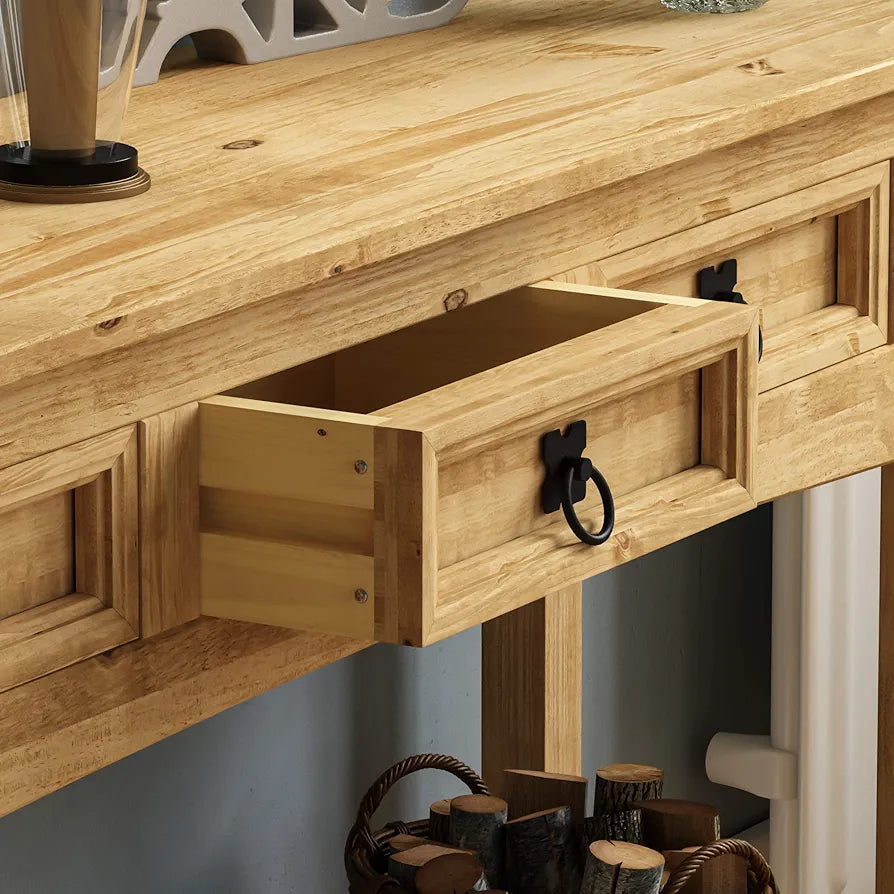 Rectangular Corona Console Table, 3 Drawer With Shelf for Extra Storage, Solid Pine Wood, Dimensions (LWH) 124 x 35 x 73 cm