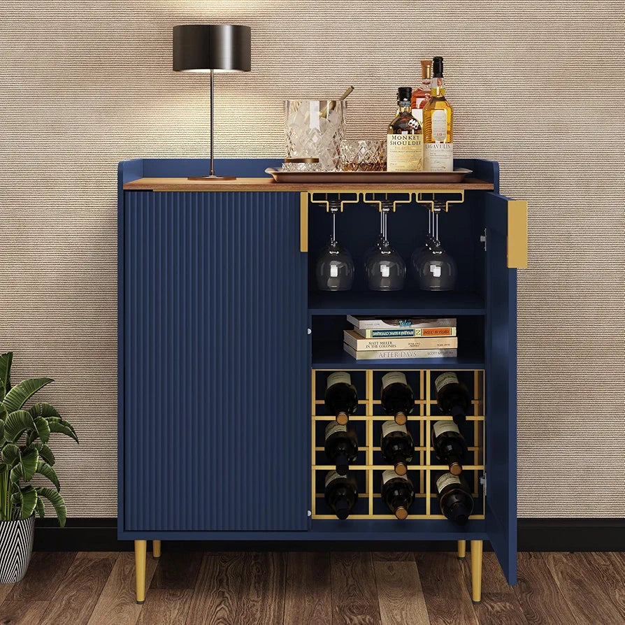 Drinks Cabinet, Wine Cabinet for 9 Bottles Bar Cabinet with Glass Holders Freestanding Wine Rack Sideboard Bar Table Buffet for Living & Dining Room