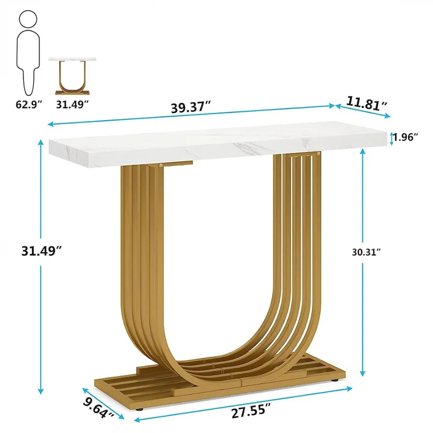 Console Table with Gold Base, 39.4 Inch Faux Marble Entryway Foyer Table, Narrow Modern Hallway Table with Geometric Metal Legs for Living Room, Hallway, Entrance, White & Gold